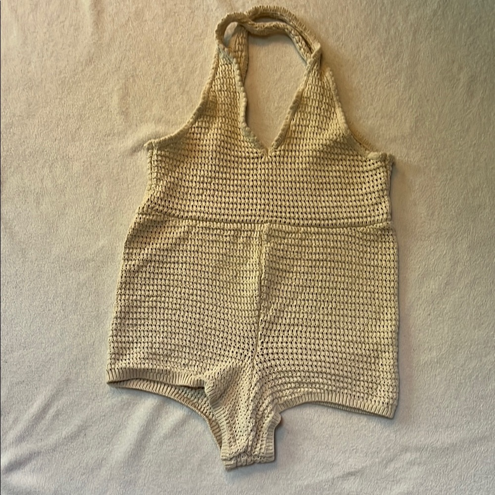 FP Beach Free People Clear Skies Fauxchet Sweater Romper Cream Swim Coverup